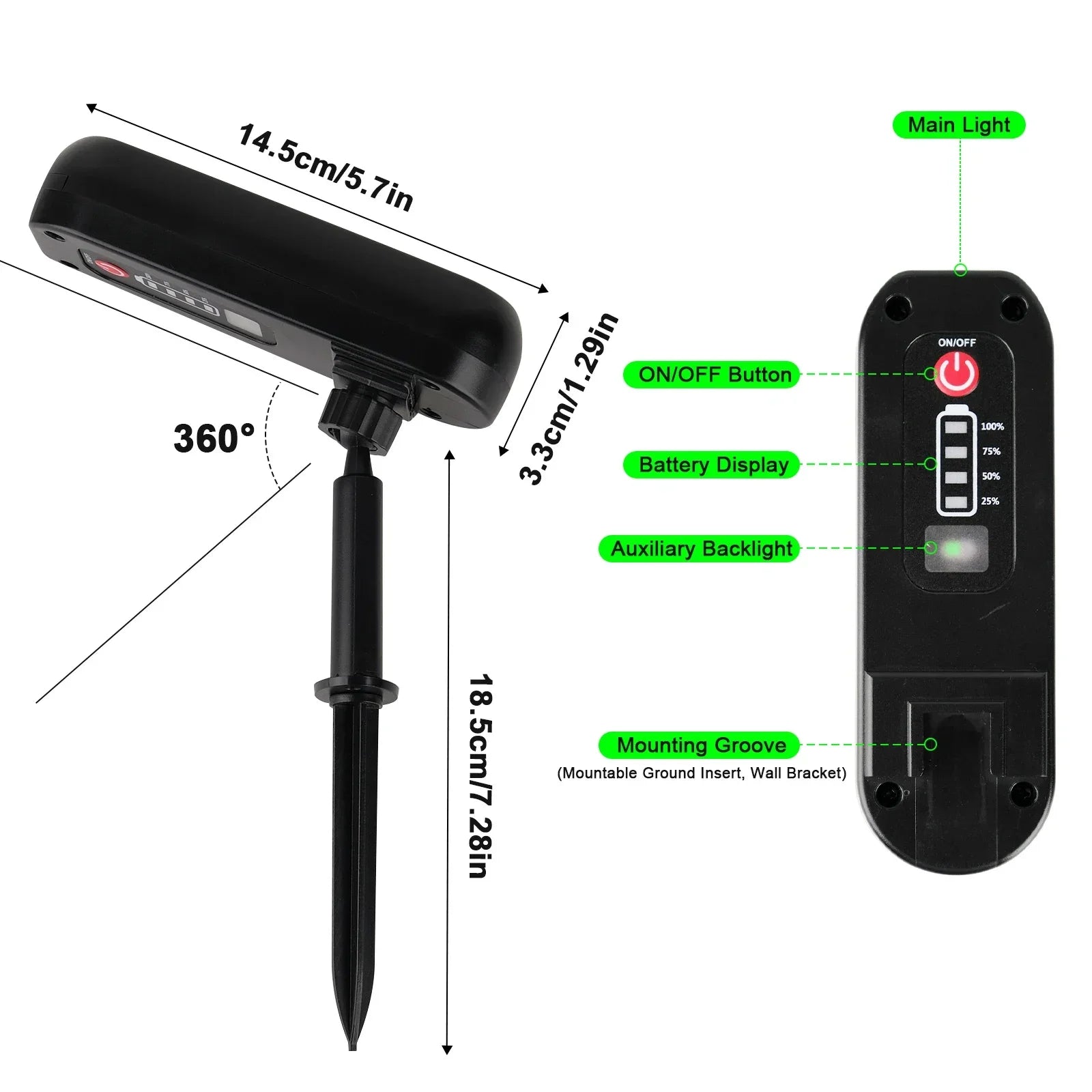 Solar LED Garden Spotlight IP65 Waterproof 2 Modes 360° Adjust