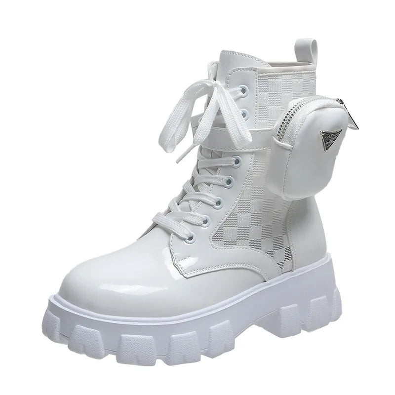 2024 Women Thick-soled Leather Boots Casual Fashion Lace-up Nylon Zpaxo