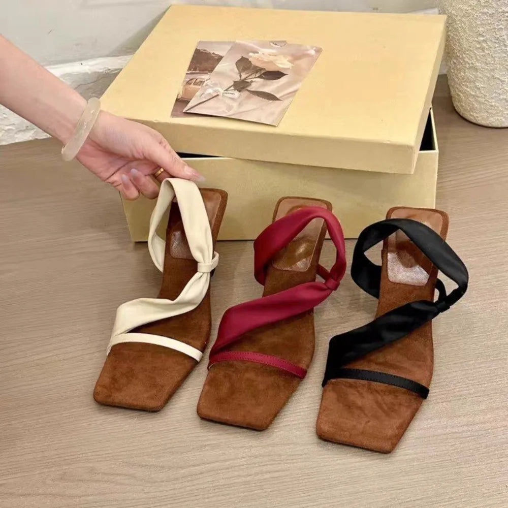 Retro Woman Shoes Sandals Stiletto Heels Square Toe 2025 Summer Original Girls High New Open Scandals Slides Pumps Slipper Zpaxo