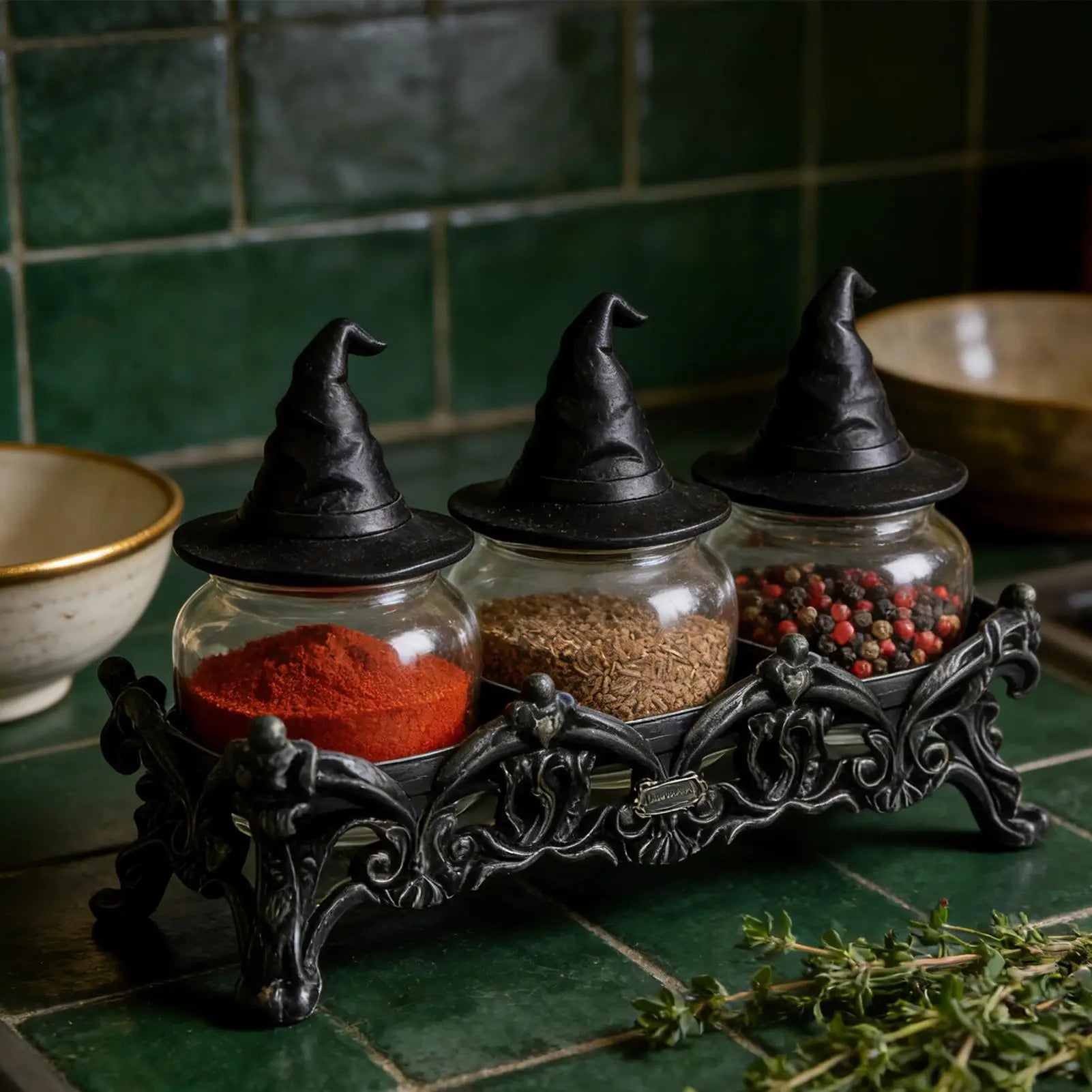 Witch Hat Jar Gothic Glass Vintage Lids Salt Pepper Seasoning