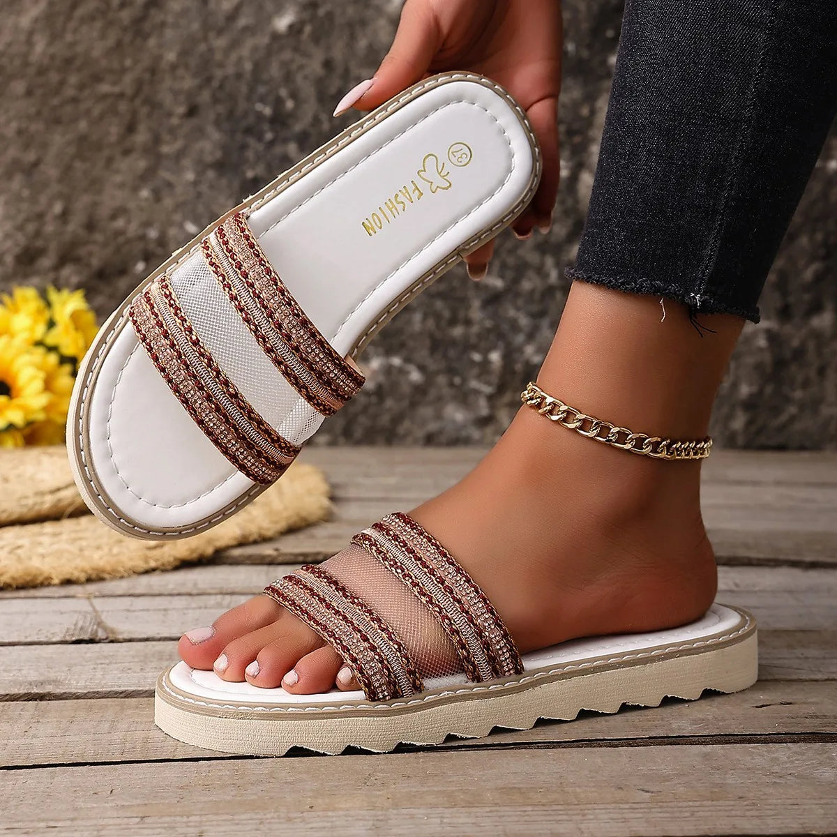 Women Slippers Summer Style Ethnic Sandals Plus Size Comfortable Slippers Trend Lightweight Outsole Shoes Beach Slides Women Zpaxo wine red 43