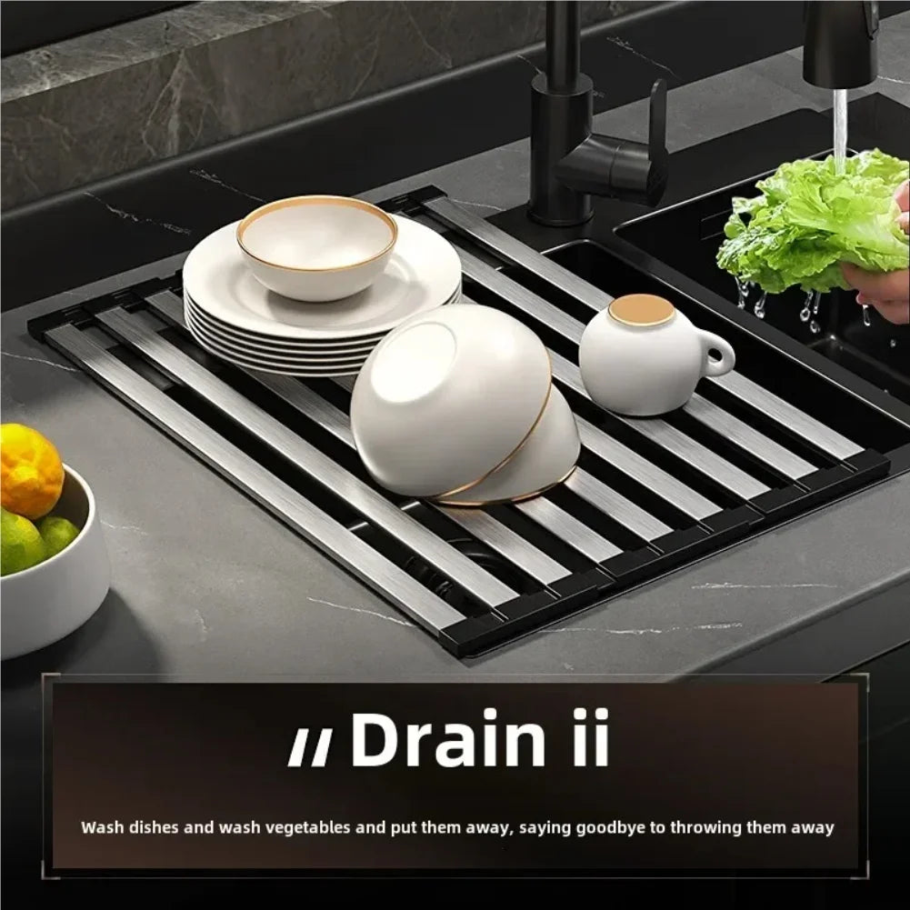 304 Stainless Steel Kitchen Sink Drain Rack Sink Bowl and Dish Storage Rack Foldable and Retractable Drain Basket Placema Zpaxo