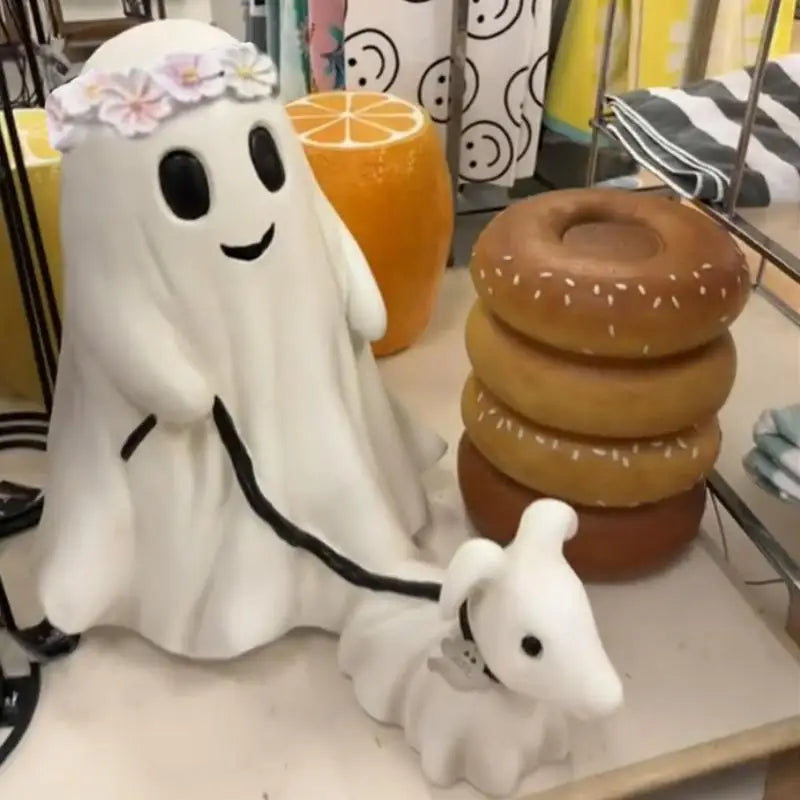 Halloween Ghost Walking Dog Statue Spooky Figurine Home Tabletop