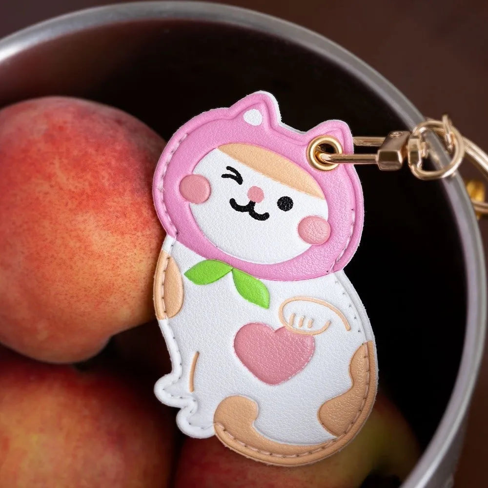 Lovely Fruit Kitty Access Card Holder Leather Maneki-neko Fortune Cat Pendant Keyring Orange Strawberry Zpaxo