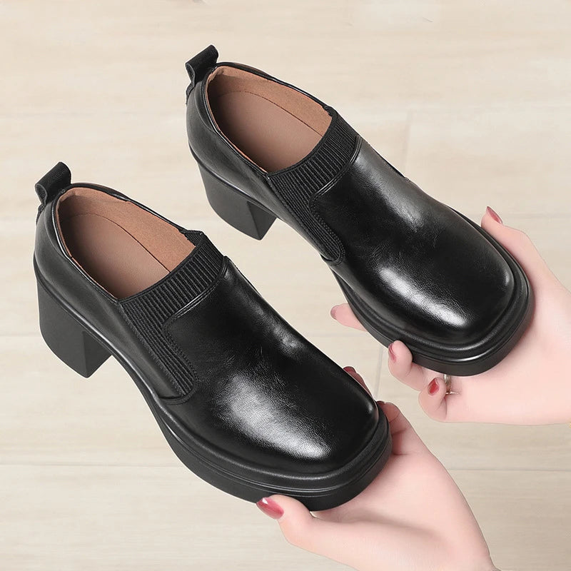 Womens Brown Leather Platform Ankle Boots Chunky Heel Elastic Gore Zpaxo