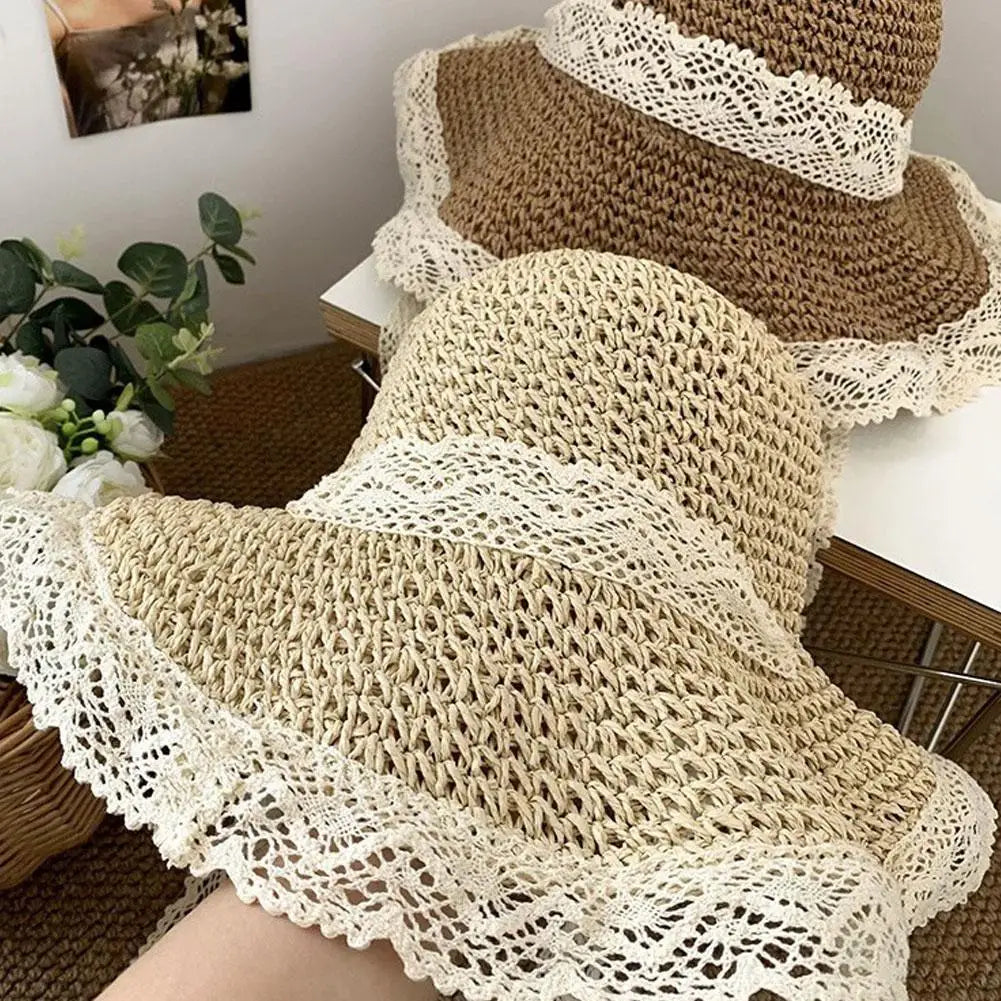 Women's Wide Brim Straw Sun Hat – Lace Beach UV Protection Women's Sun Hat Zpaxo
