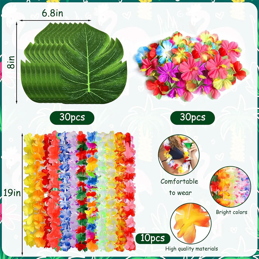 70pcs Hawaiian Luau Leis Decorations Supplies -Hibiscus Flowers Necklace Simulation Leaf Hawaiian Beach Theme Party Favors Zpaxo