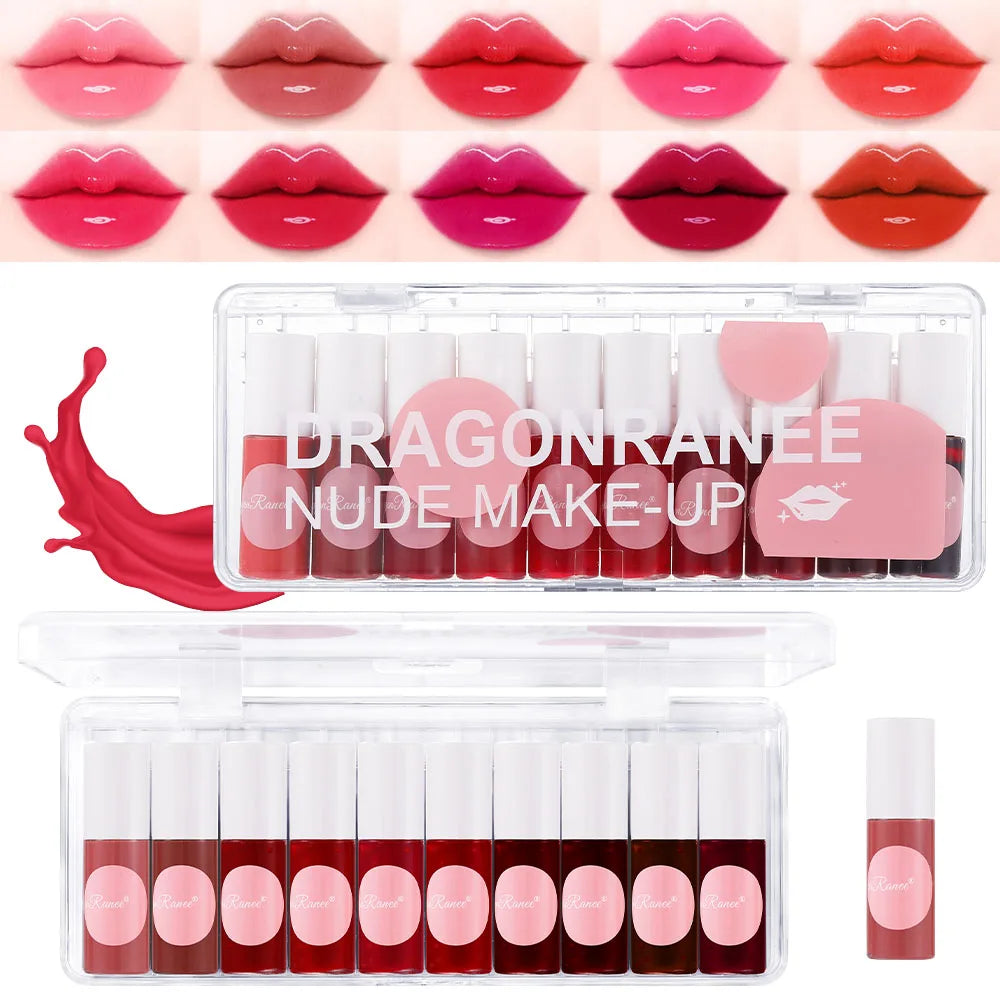 Mirror Finish Lip Dye Lip Gloss Set of 10, Easy to Apply, Moisturizing, Shiny Lip Gloss, Glass Lip Effect, Non-Stick Cup, Non-Fading Lip Gloss, Fine Shimmer, Pearlescent, Glitter Lip Gloss, Mirror Lipstick, 10-Color Set Box, Zpaxo Dr156