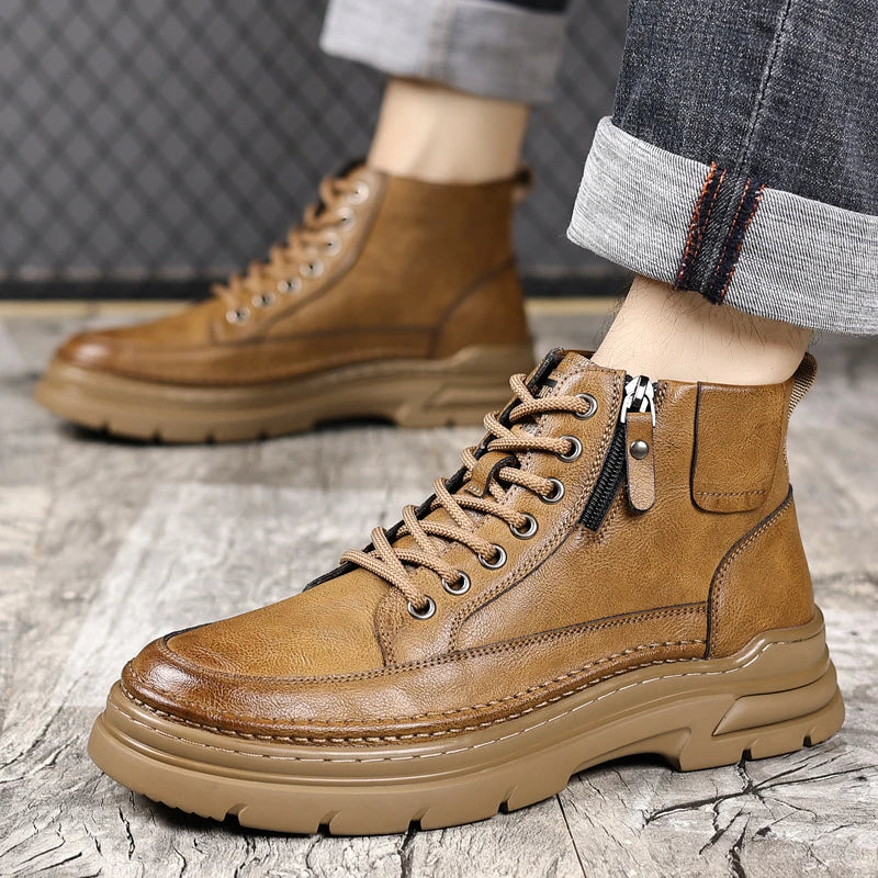 Mens Black Leather Platform Ankle Boots Side Zipper Lace Up Chunky Zpaxo