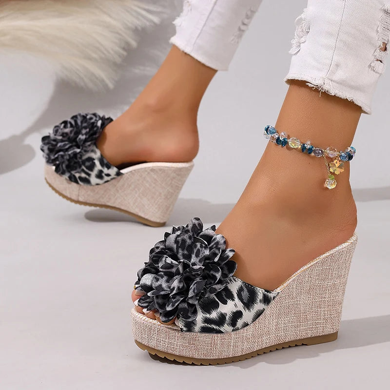 Women Sandals Comfortable Sexy Leopard Bow Sandals Trend Soft Wedges Slippers Casual Beach Shoes Flower Big Size Shoes Women Zpaxo white leopard print 42