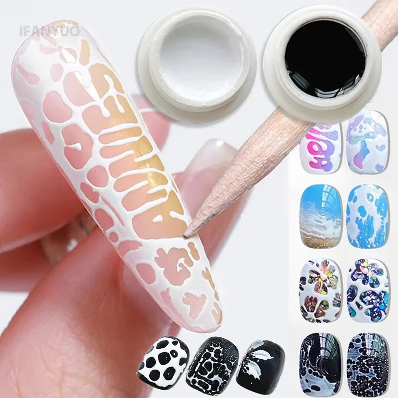 Lace Hole Black White Nail Poke Art Glue Bubble Ocean Wave Pattern