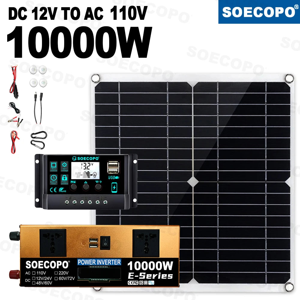 SOECOPO 10000W Solar System 300W Panel 100A MPPT Controller Smart Inverter 12V/24V to 110V 220V AC for Home RV Camping CE FCC Zpaxo Solar Kit 110V