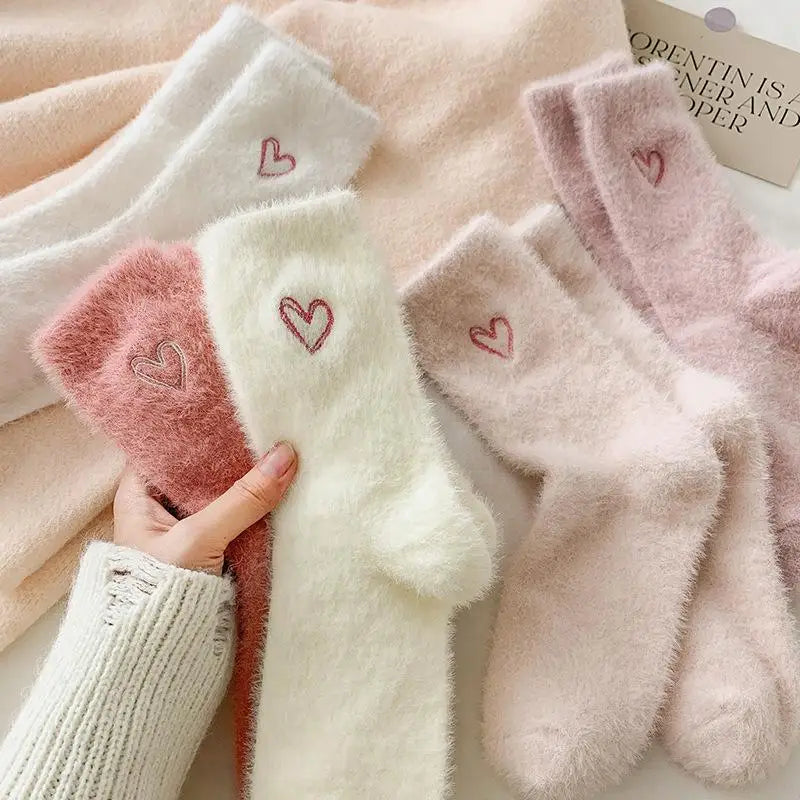 Women's Thickened Mink Fur Socks Pink Heart Embroidery Plush Zpaxo