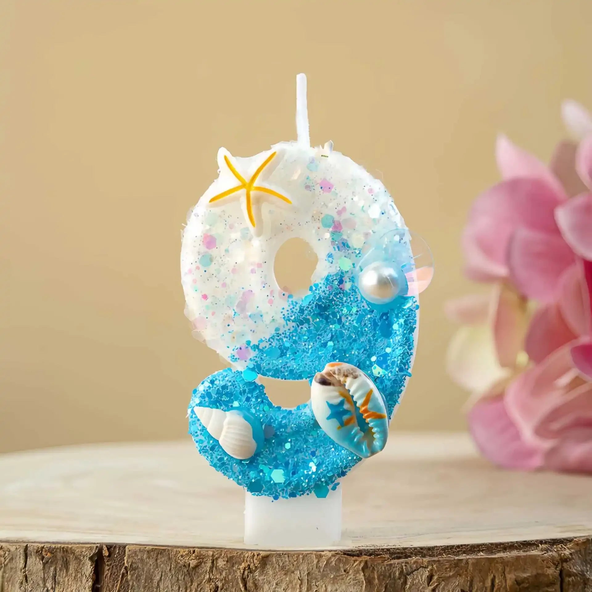 Ocean-themed Blue White Glitter Number Birthday Candles Seashell