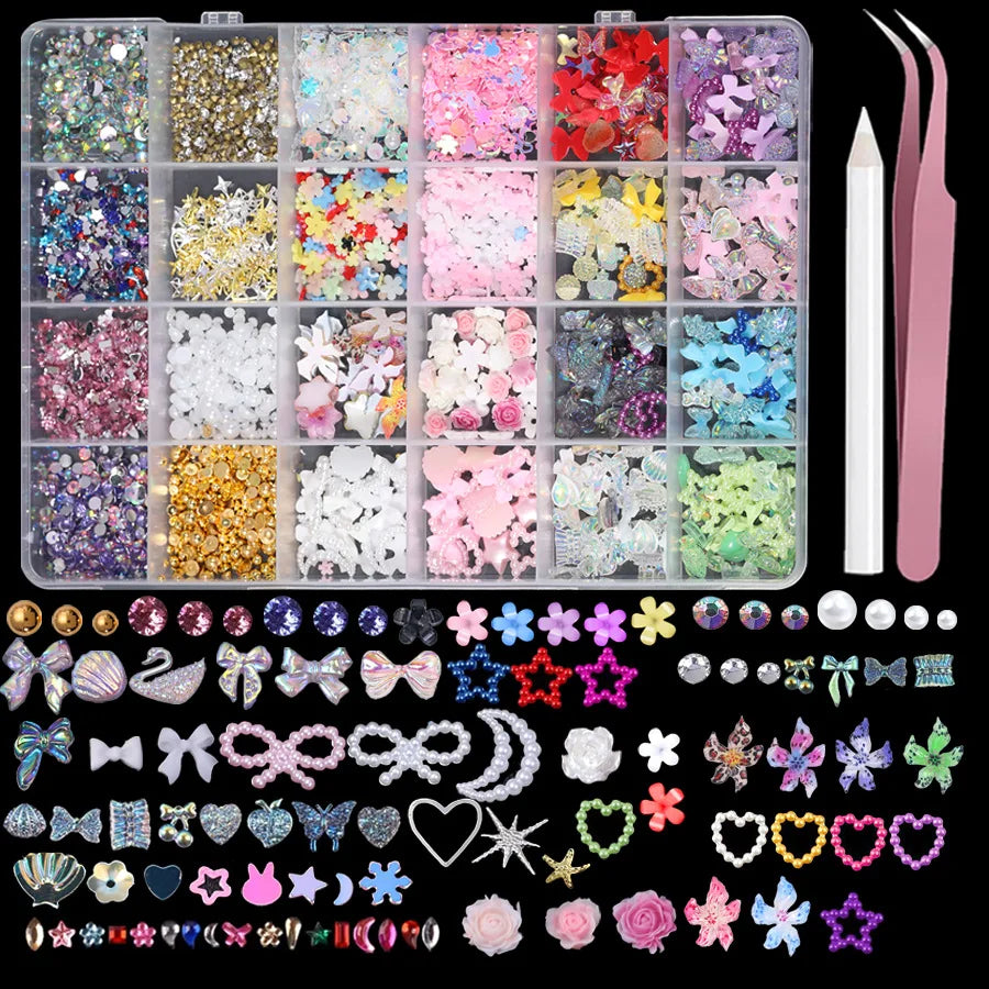 24 Grid Resin Nail Art Mixed Charms Flowers Butterfly Heart Pearl DIY
