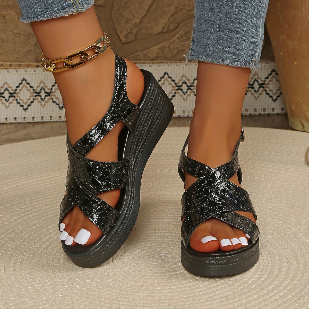 Women Sandals Wedges Ankle Buckle Heels Shoes Summer Lightweight Peep Zpaxo black 43