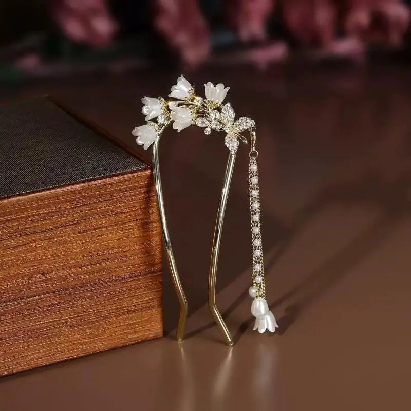 U-shaped Flower Hairpins Women Handmade Vintage Chinese Hanfu Lily Zpaxo