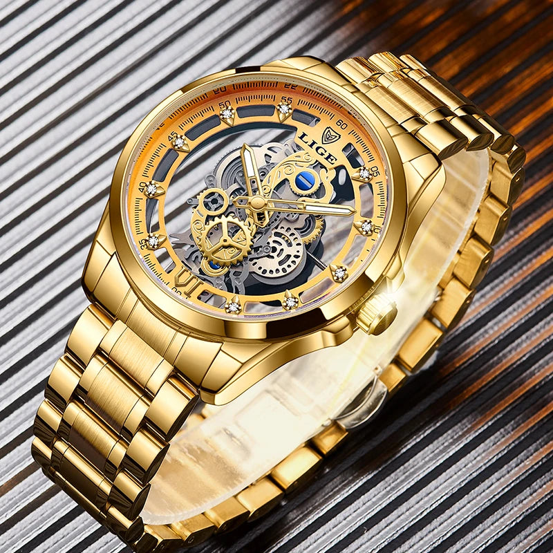 2025 LIGE Men Watch Skeleton Automatic Quartz Watch Gold Skeleton Vintage Man Watch Mens Watches Top Brand Luxury часы мужские Zpaxo