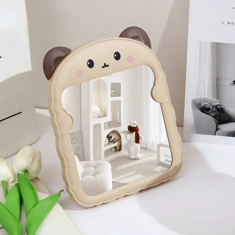Bedroom Small Makeup Mirror Cartoon Panda Ear Table Foldable Student Zpaxo Bear Khaki C4216C