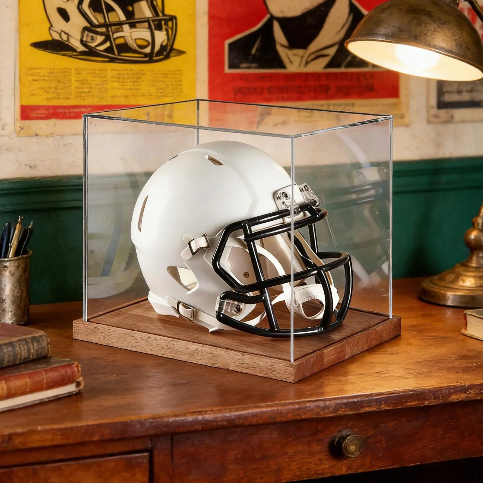 Helmet Case Display Case Full Size Clear Box with Wooden Stand Full Size Football Helmet Display Case for Sports Collectibles Zpaxo