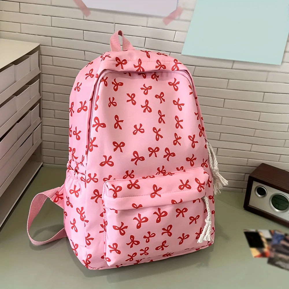 Trendy Cute Bow Print Backpack School Laptop Protection Adjustable