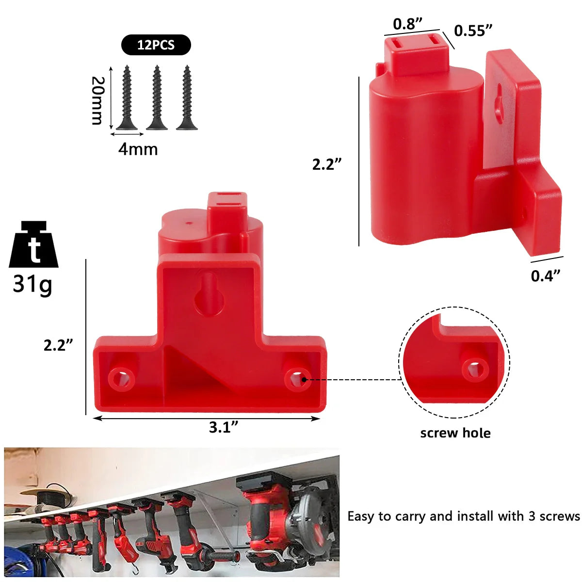 4Pcs Power Tool Holder Plastic Electric Tool Battery Dock Holder Heavy Duty Hanger with Screws for Milwaukee M12 Drill Storage Zpaxo