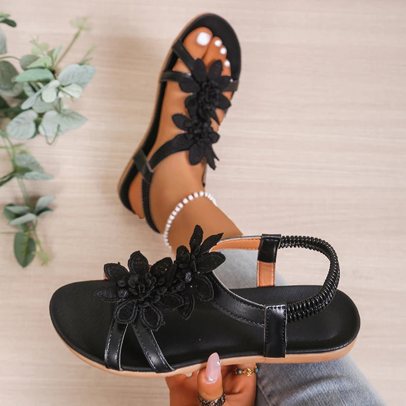Elegant Women Sandals Clip Toe Floral Decorative Flat Shoes Casual Comfortable Lightweight Sandals Summer Retro Shoes Women Zpaxo black 36