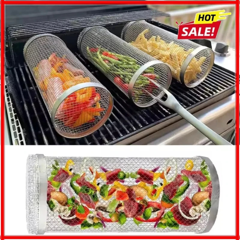 BBQ Grill Basket Rolling Grilling Basket Barbecue Cages Barbecue Grill Grate Cylinder Grilling Baskets for Outdoor Camping Zpaxo