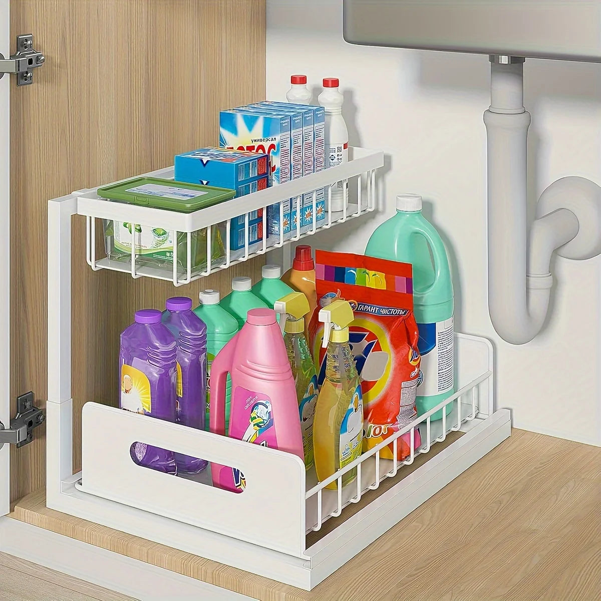 Under Sink Organizers And Storage, Under Sink Organizer, Slide Out Pull Out Cabinet Organizer Shelf, Metal Sliding Drawer Zpaxo WHITE