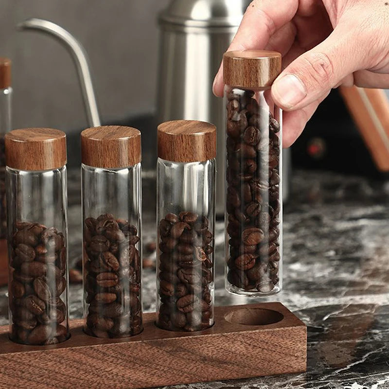 Bottled Tubes Grain Storage Wooden Sealed Canisters Barista Tool Gift Coffee Beans Storage Container Glass Tube With Wood Tool Zpaxo