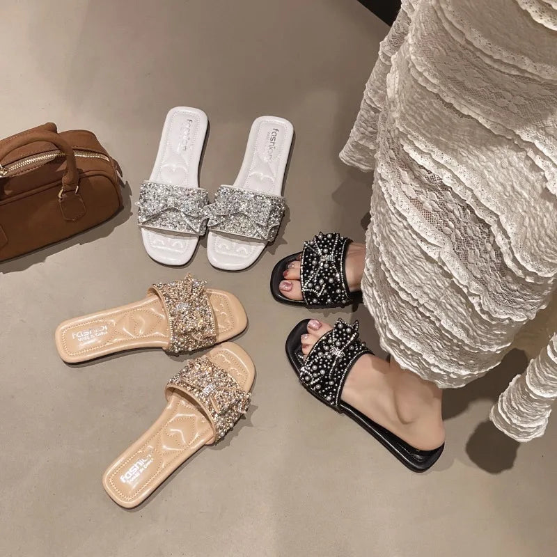 Light Luxury Elegant Pearl Rhinestone Women's Flat Sandals Bow Summer Zpaxo