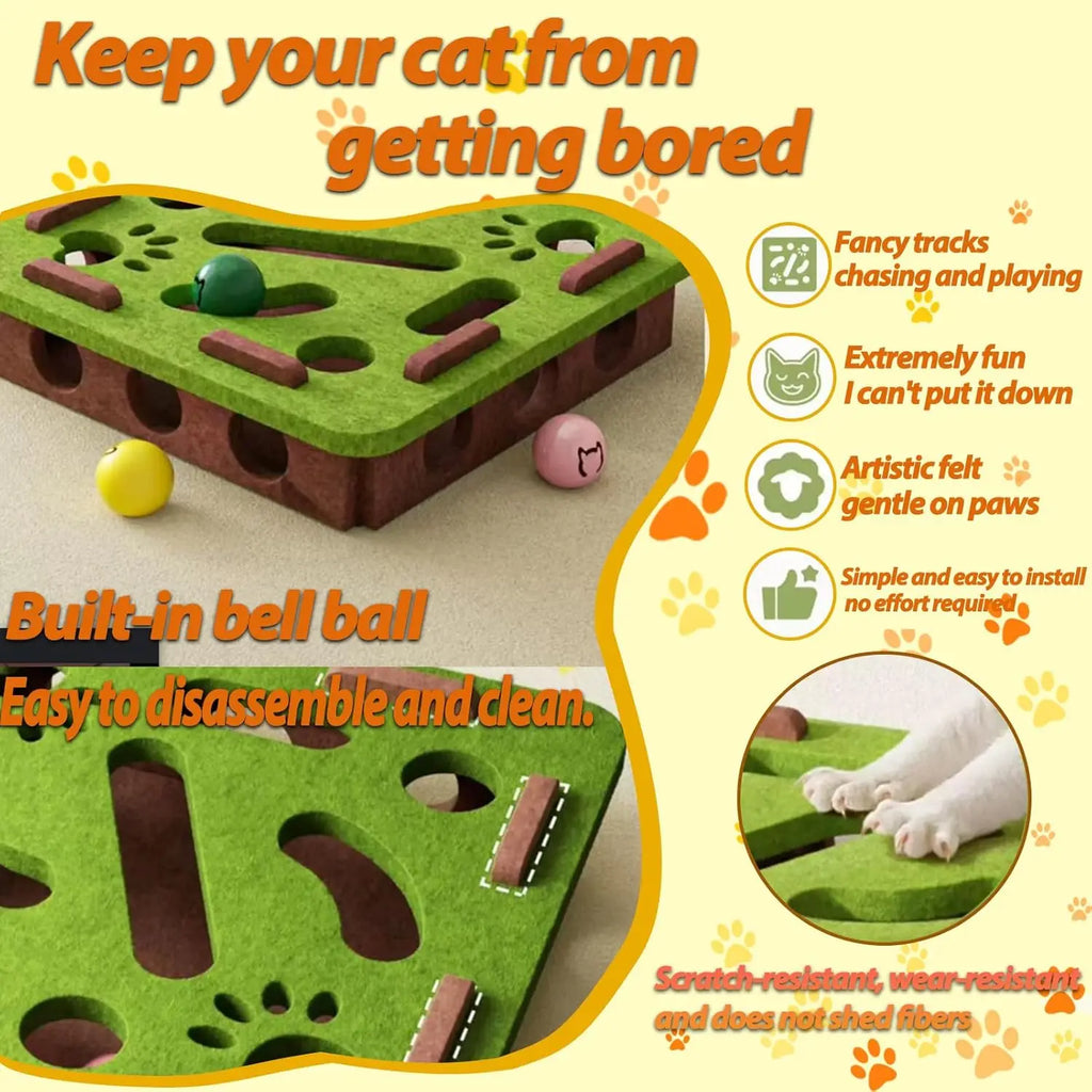 Felt Cat Puzzle Maze – Battery-Free Toy with 3 Bell Balls