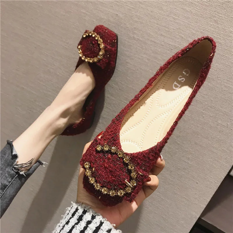 Flats Shoes for Women 2023 Spring Autumn New Women's Shoes Cloth Top Metal Buckle Shallow Mouth Square Head Flat Shoes Women Zpaxo