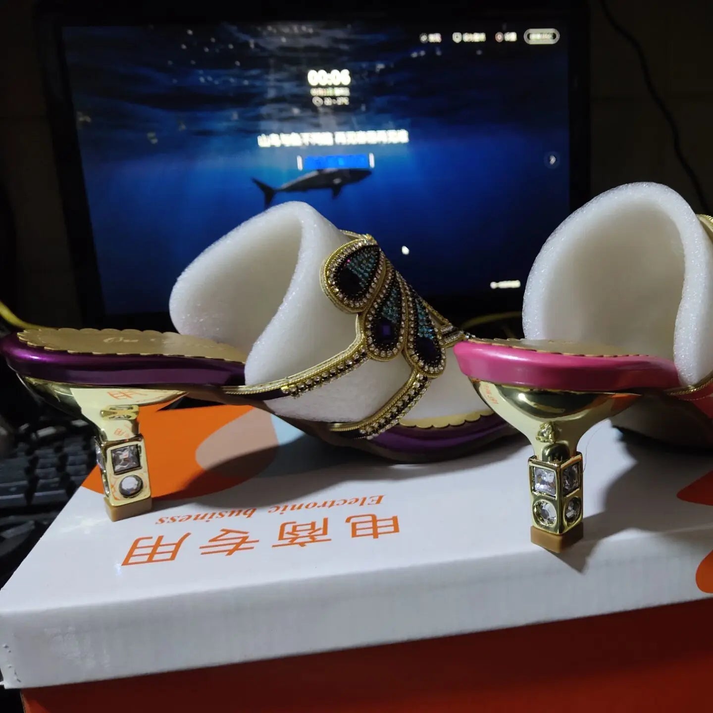 Summer Rhinestone Sandals Leather Glitter Women Open Toe Heels Party Zpaxo Purple heel 5cm 40(Foot 25cm) China Mainland