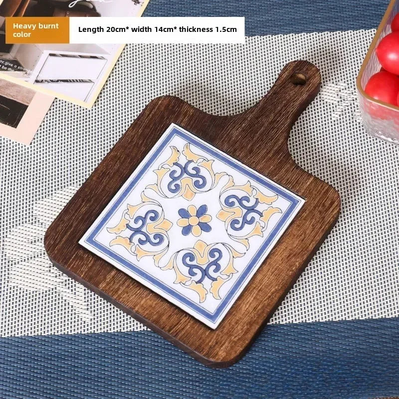 Hot Japanese Restaurant Retro Solid Wood Tile Handle Pot Pad Wooden Anti Scald Plate Pad Household Casserole Insulation Wood Pad Zpaxo
