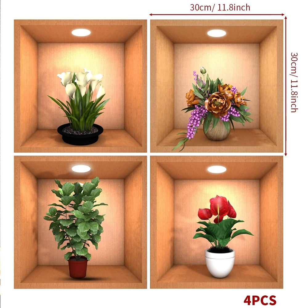 4Pcs 3D Plant Wall Stickers Floral Pattern Green Plants PVC Wall Sticker for Home Art Room Bedroom Background Decoration Zpaxo J2503258-W-4