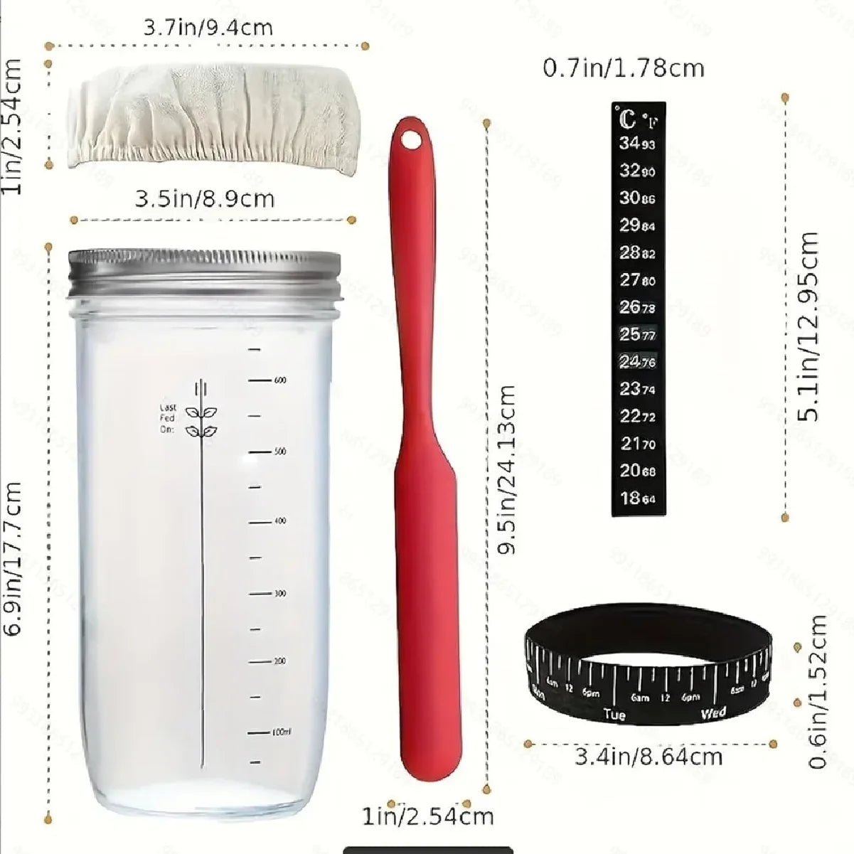 1pc Sour Dough Starter Container Sourdough Starter 24 Oz Jar with Date Marked Feeding Band Thermometer Silicone Scraper Zpaxo