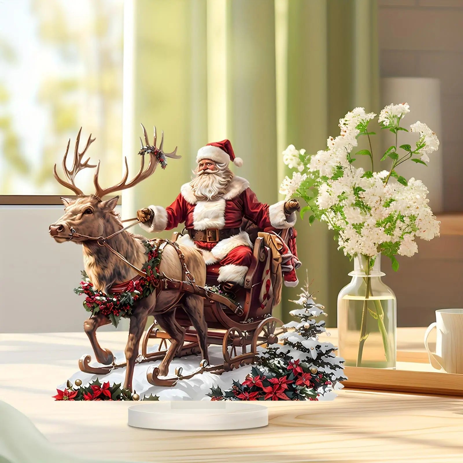 Santa Sleigh Decor 2D Acrylic Desktop Ornament with Santa Claus and Reindeers for Christmas Table Home Office Holiday Decoration
