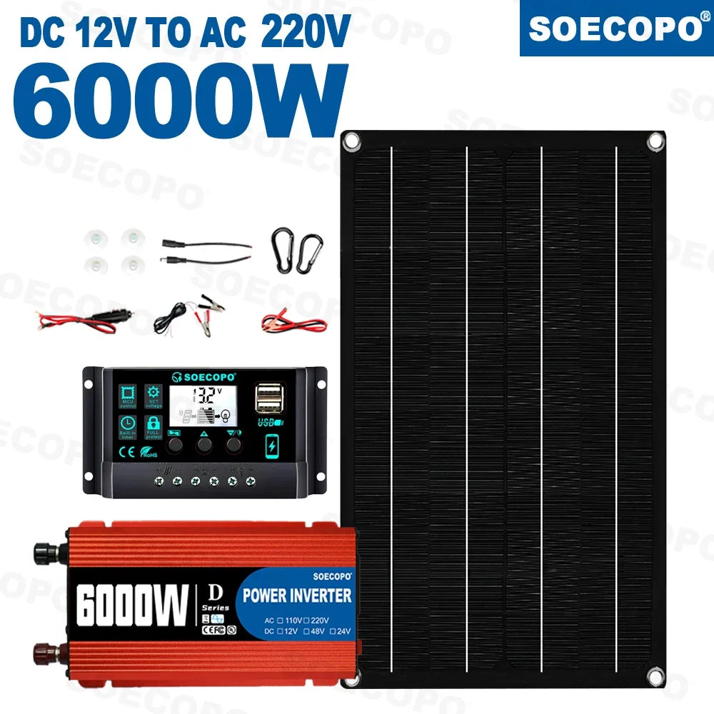 SOECOPO 6000W Solar Power System 800W Panel 100A Controller Alligator Clips Carabiner Hooks 12V to 110V 220V for Home RV CE FCC Zpaxo 220V solar kit