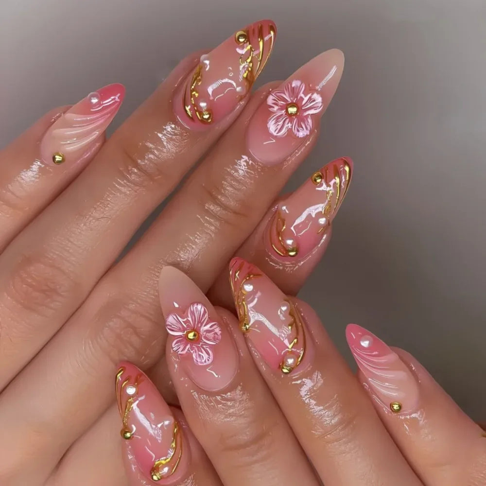 24pcs Long Almond False Nails French Leopard Star Press on Nails Fake Nails DIY Manicure Detachable Nail Tips Zpaxo JP3881