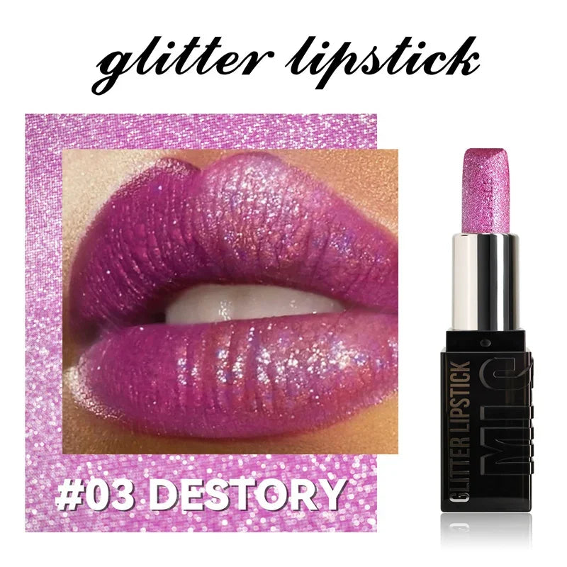 6 Color Glitter Lipstick Flash Lasting Easy Color Diamond Lipstick Waterproof Moisturizing Metallic Pearlescent Sexy Lips Makeup Zpaxo 03 Destory