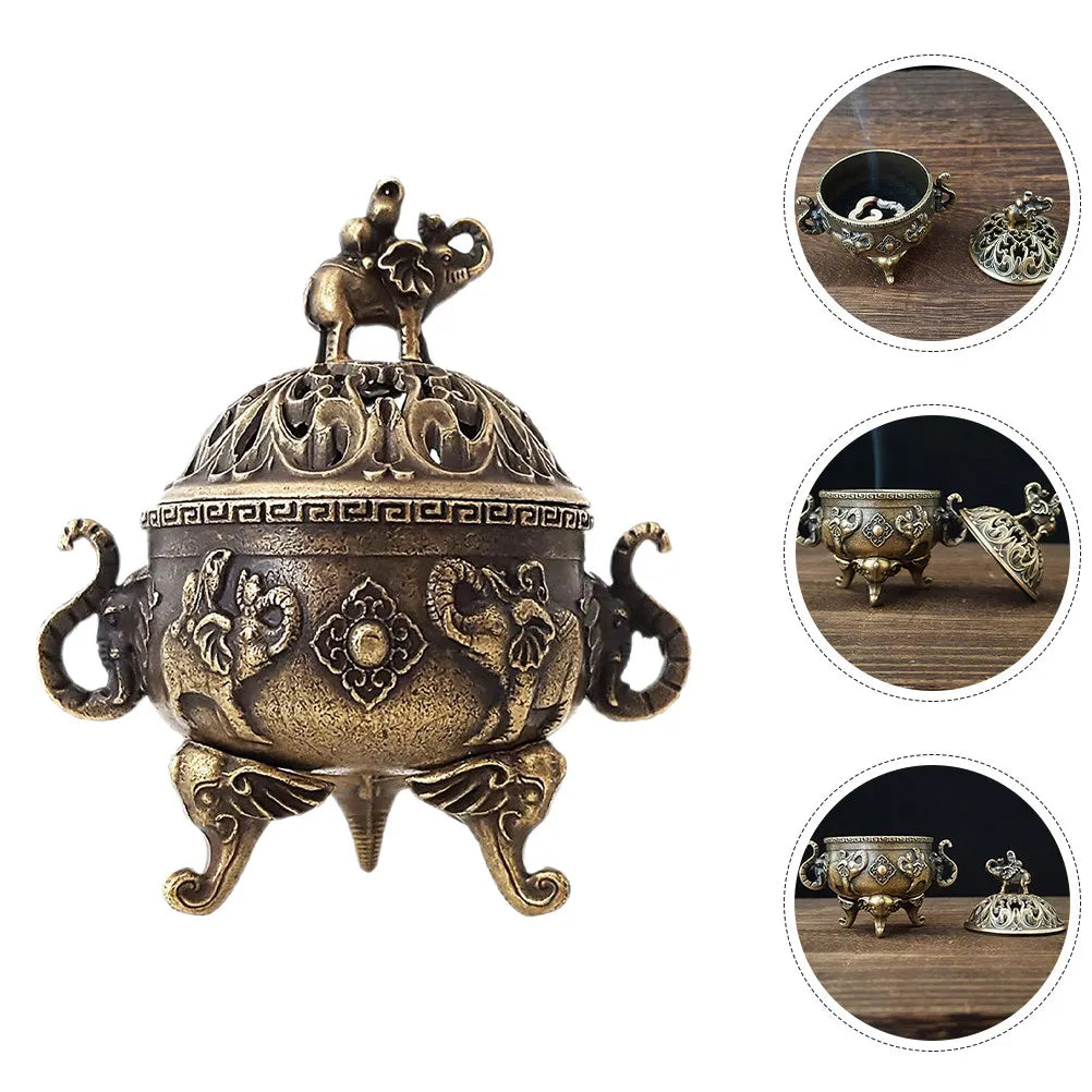 Mini Copper Incense Burner Tripod Stand Lid Elephant Motif Hollow-out