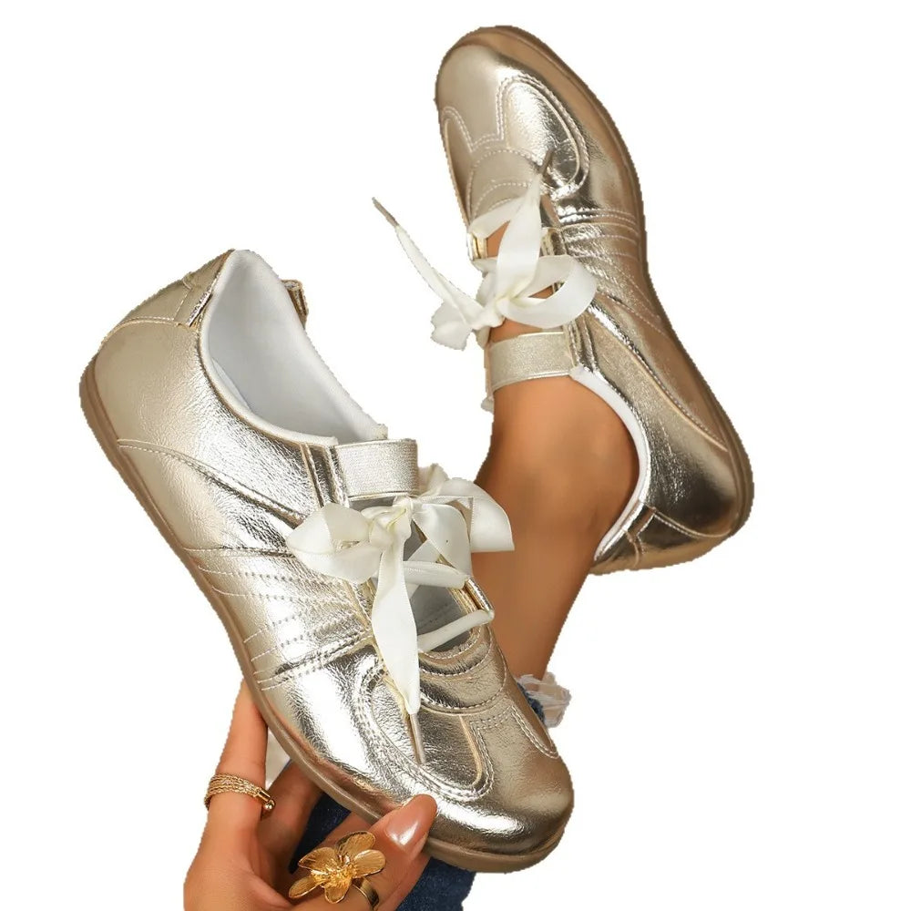 Fashion Gold Silver Women Flat Sneakers Lightweight Soft Sole Shoes