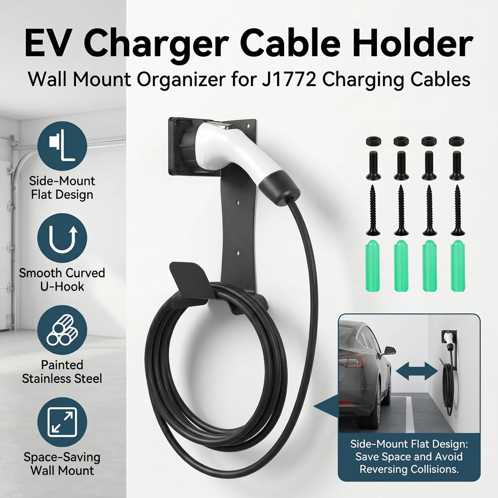 EV Charger Cable Organizer Stainless Steel J1772 Charger Holder Anti Scratch Smooth U Hook Side Mount Wall Bracket Garage Storag Zpaxo