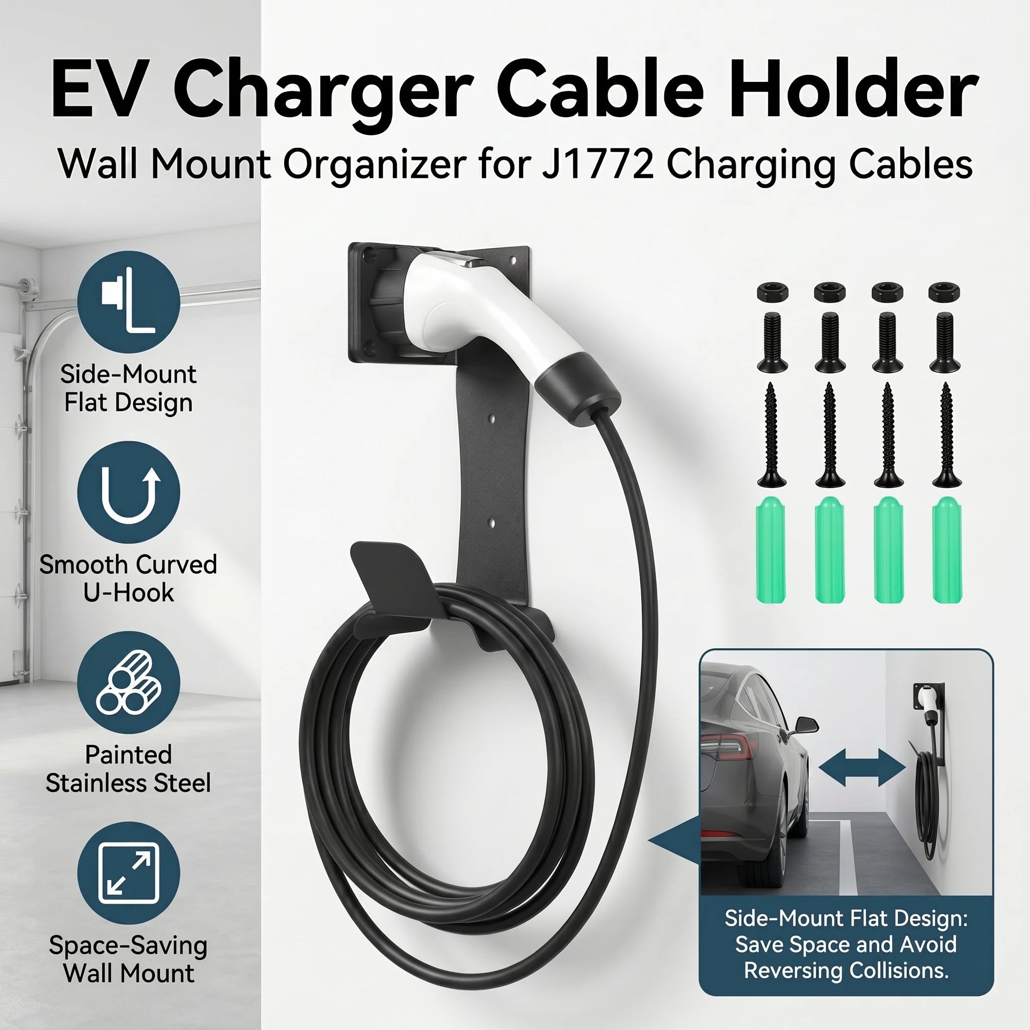 EV Charger Cable Organizer Stainless Steel J1772 Charger Holder Anti Scratch Smooth U Hook Side Mount Wall Bracket Garage Storag Zpaxo