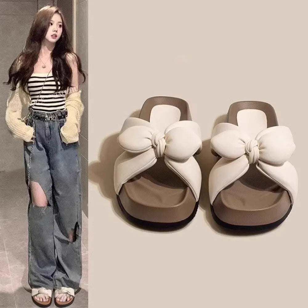 Women's New Thick-soled French Bow Cross-off Non-slip Flat Beach Shoes Zpaxo
