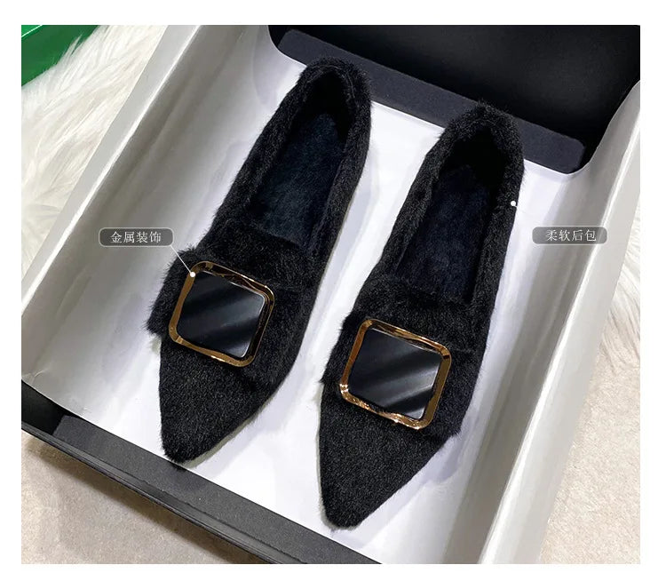 Hairy Flats Shoes for Women 2024 New Pointed Flat Bottom Mink Fur Winter Velvet Women's Shoes Ladies Shoes Plus Size 41 42 43 Zpaxo
