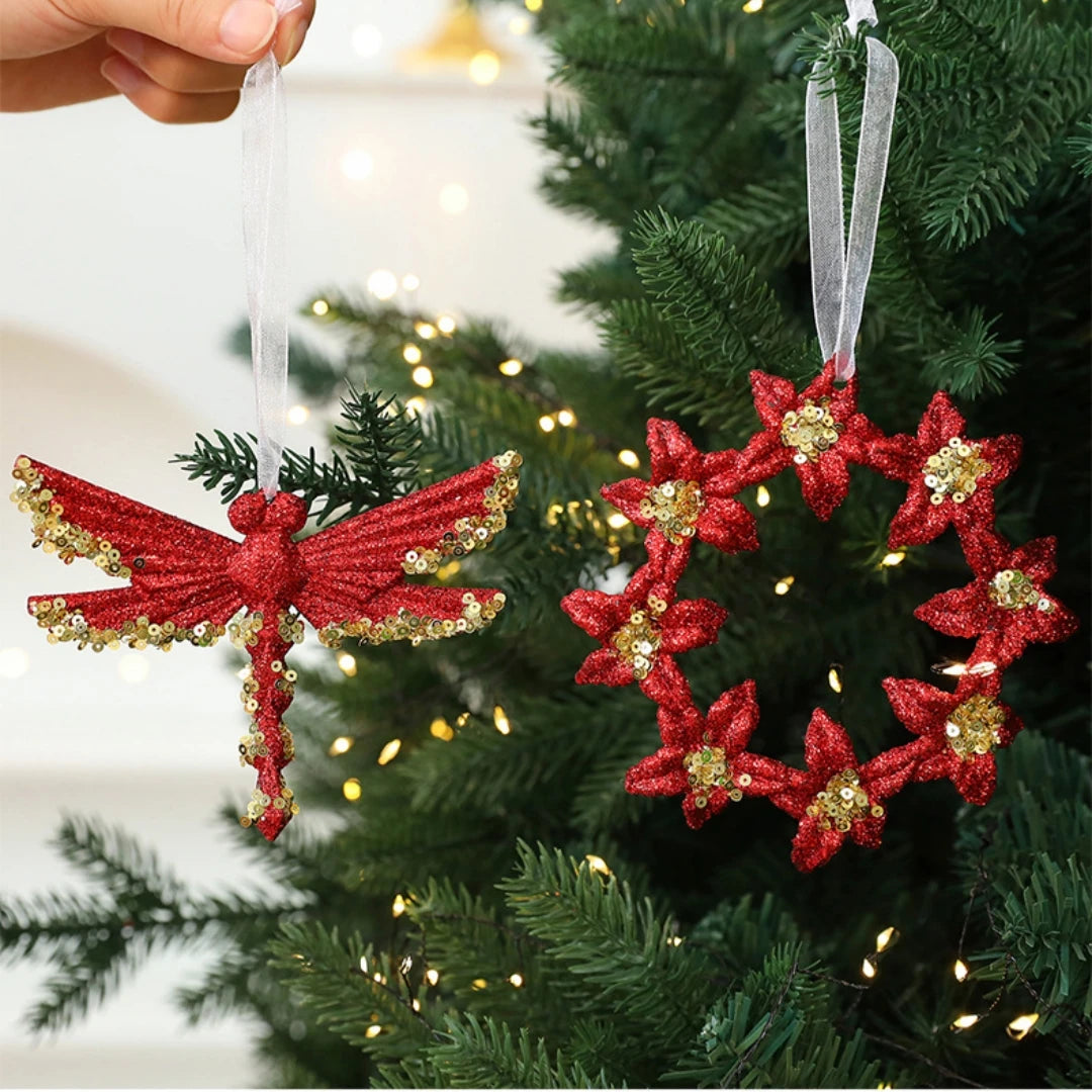 Red Glitter Christmas Pendant – Snowflake & Bow Tree Ornament