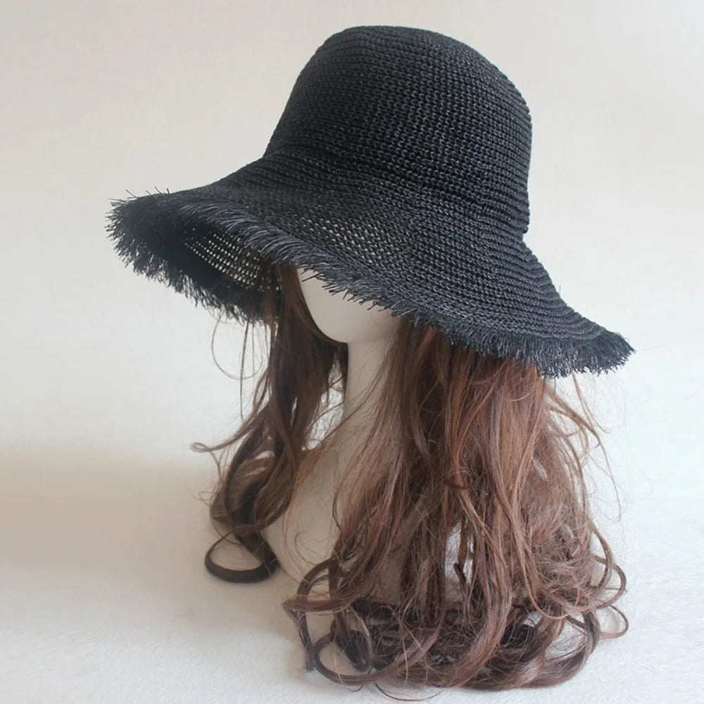 Fashion Straw Weave Straw Hat Sunshade Wide Brim Fisherman Hat Foldable Breathable Basin Cap Summer Zpaxo Black