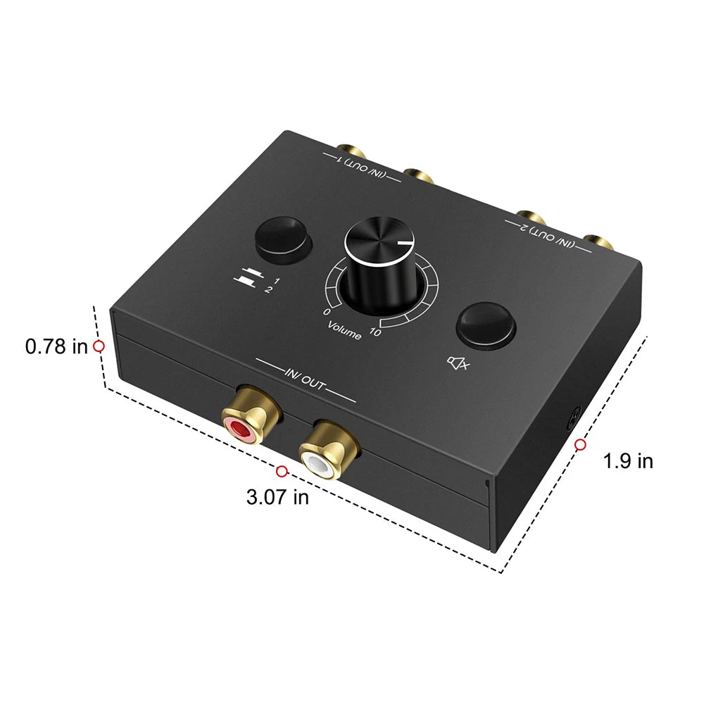 Bi-directional Audio Switcher RCA Adapter Mute Button 1 Out 2 Stereo